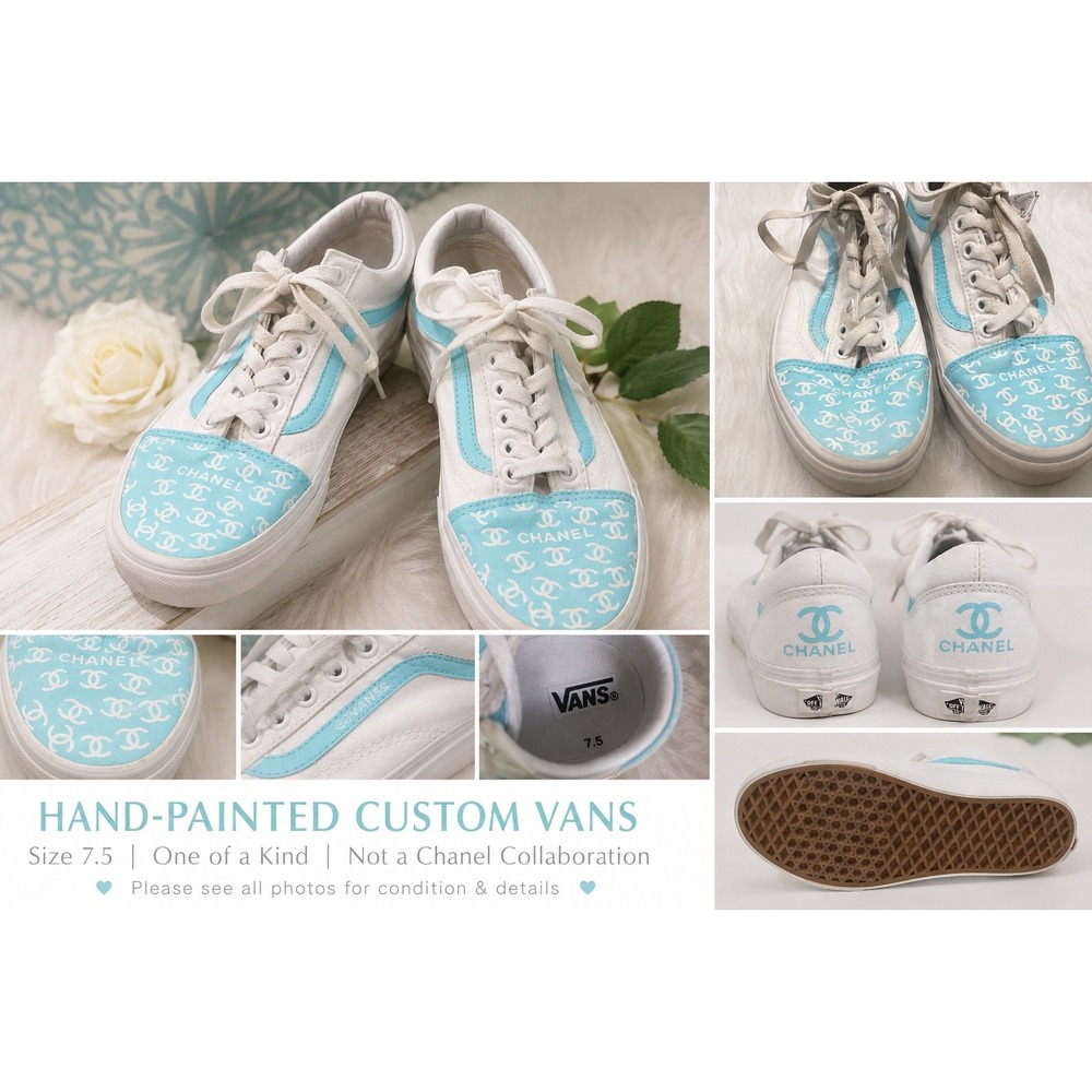 Vans Old Skool Custom Hand Painted White Light Blue Sneakers Womens 7.5 Low Top